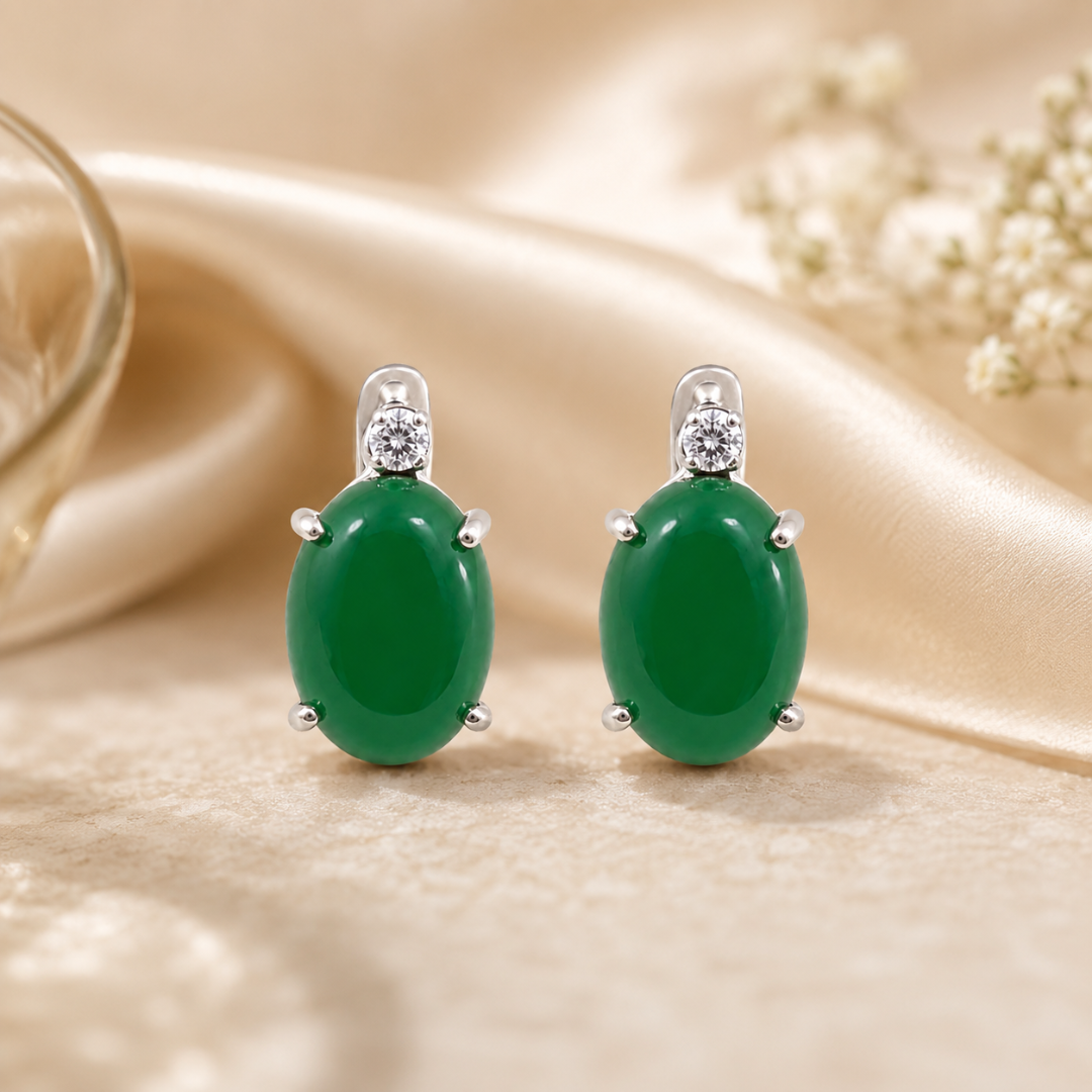Shooting Star Oval Earrings in Green Jade