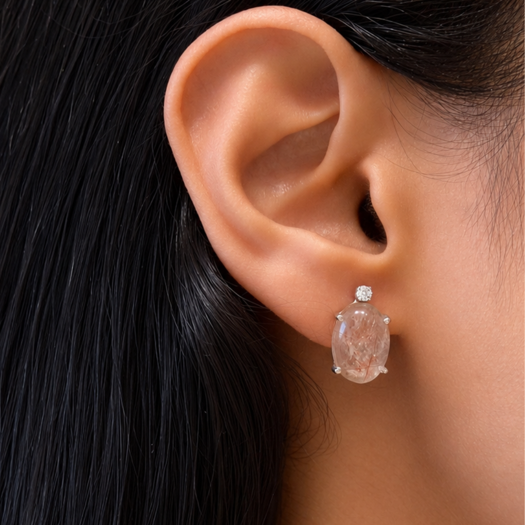 Shooting Star Oval Earrings in Cabochon Golden Rutile
