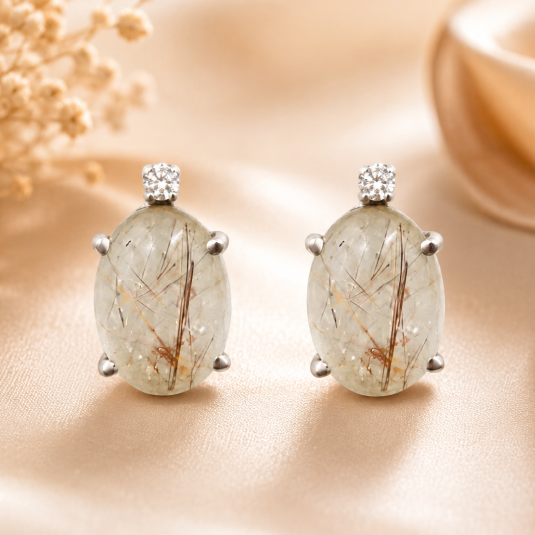 Shooting Star Oval Earrings in Cabochon Golden Rutile
