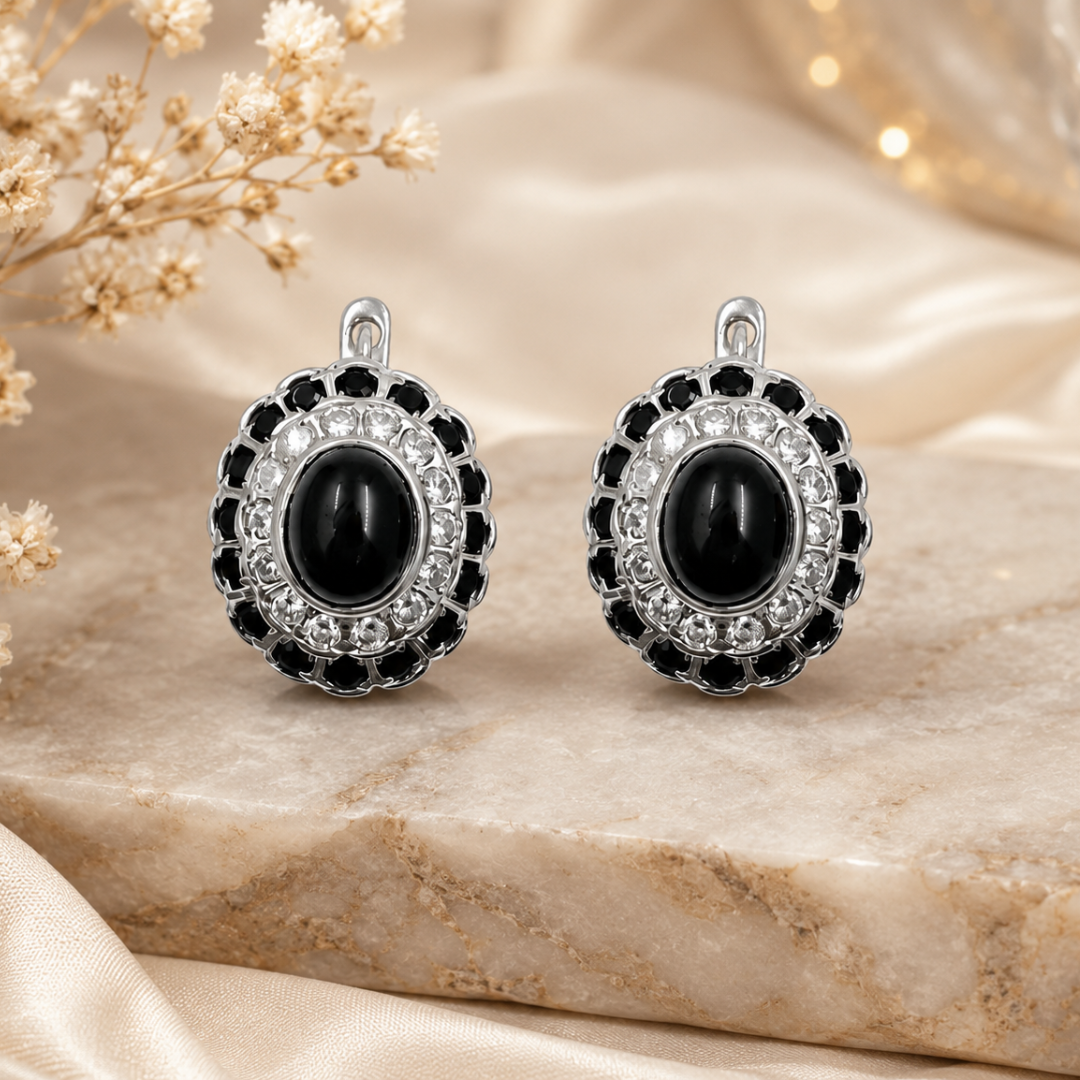 Cosmic Clustre Oval Earrings in Black Star