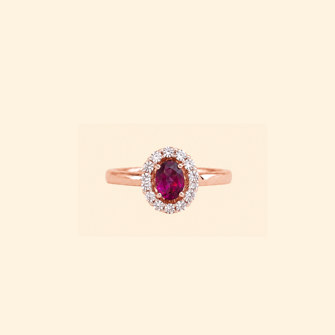 Oval Corallina Ring in Rhodolite