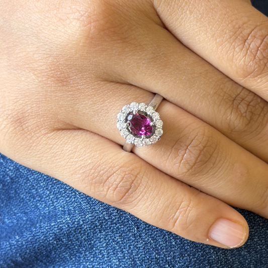 Oval Corallina Ring in Rhodolite