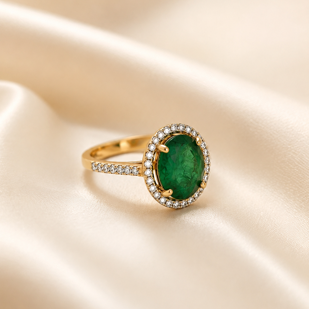 Oval Zambian Emerald Diamond Halo Ring