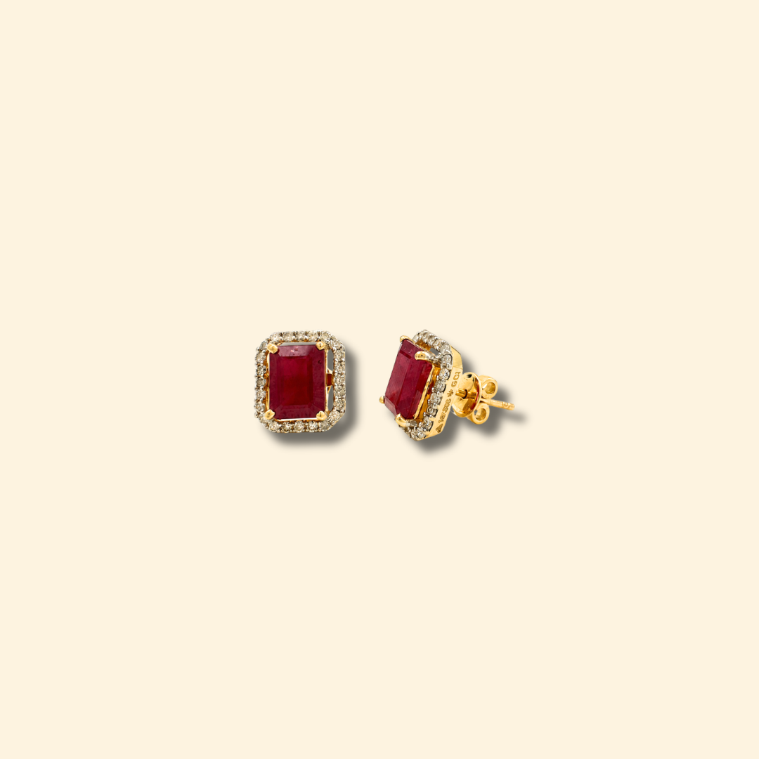 Octagon Ruby & Diamond Halo Stud Earrings