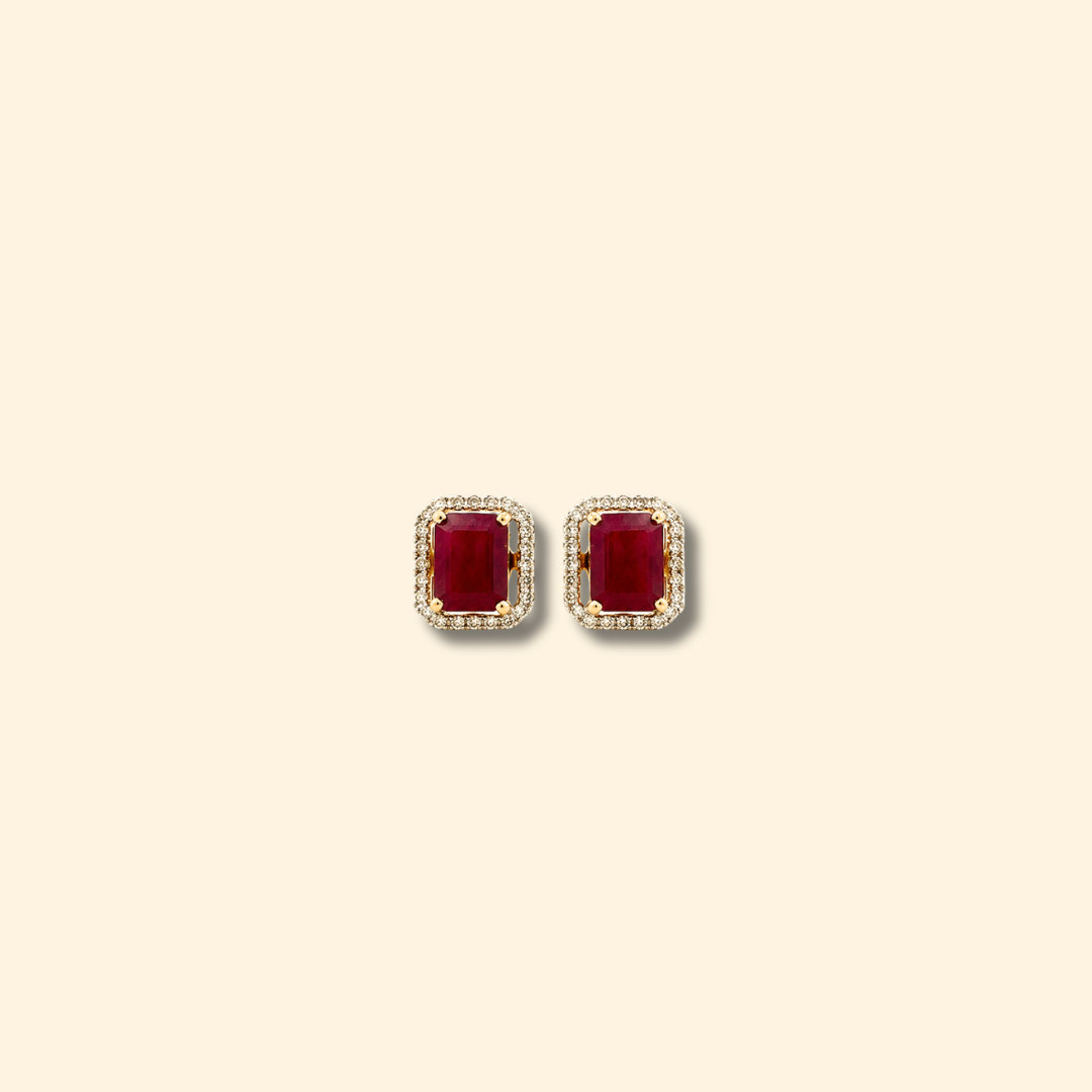 Octagon Ruby & Diamond Halo Stud Earrings