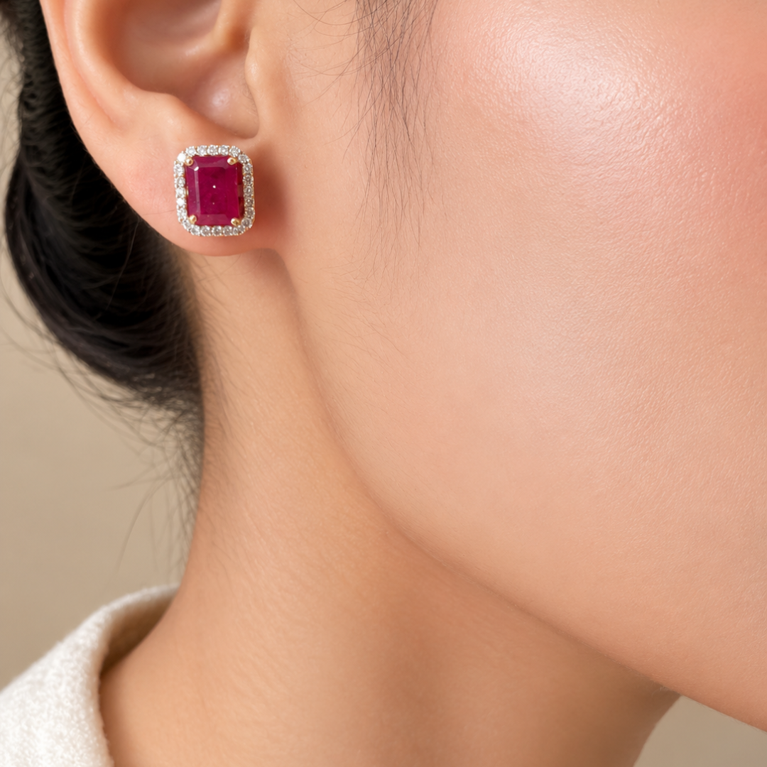 Octagon Ruby & Diamond Halo Stud Earrings