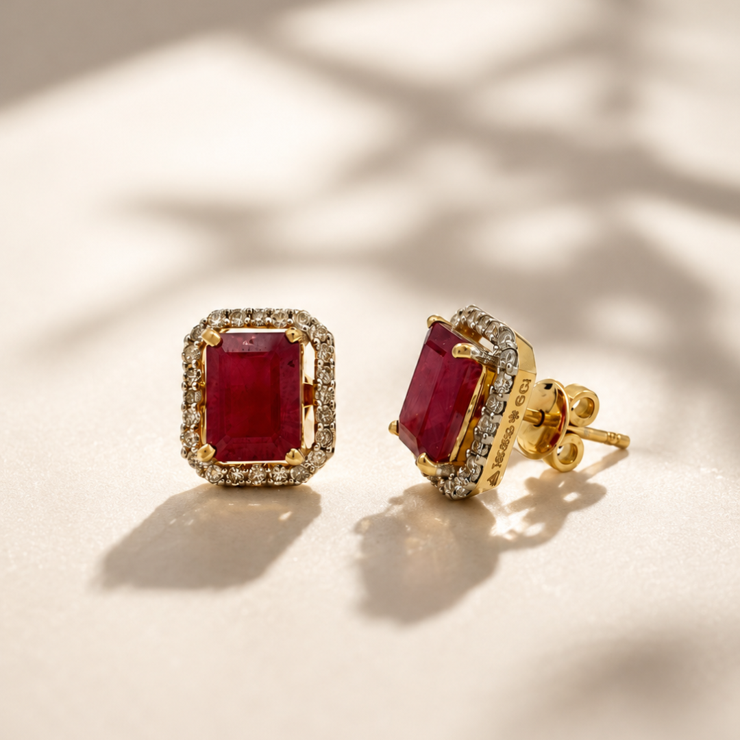 Octagon Ruby & Diamond Halo Stud Earrings