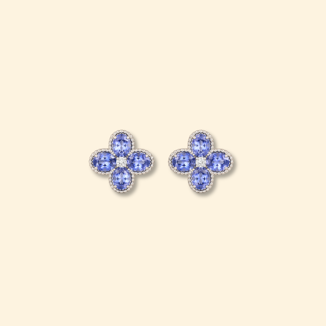 Tanzanite & Diamond Floral Stud Earrings