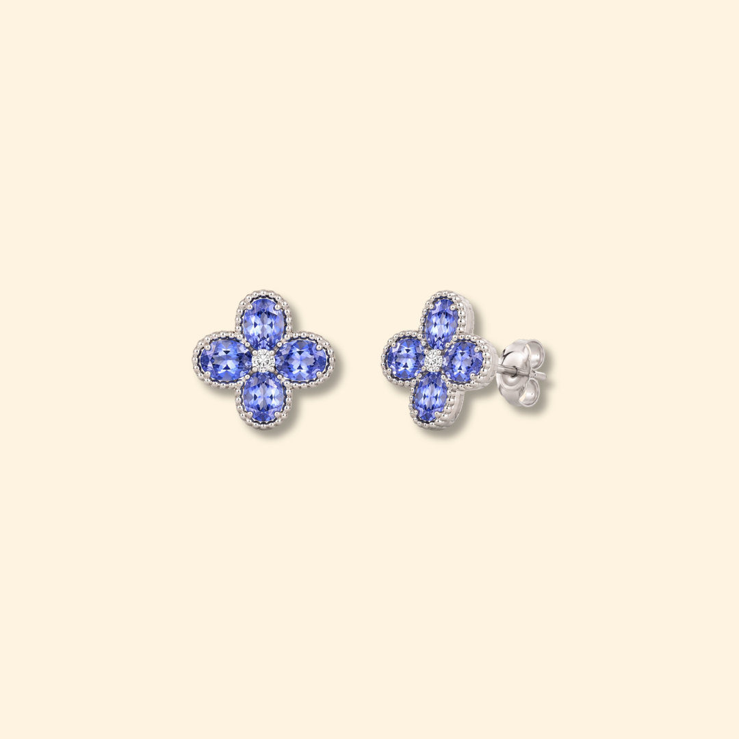 Tanzanite & Diamond Floral Stud Earrings