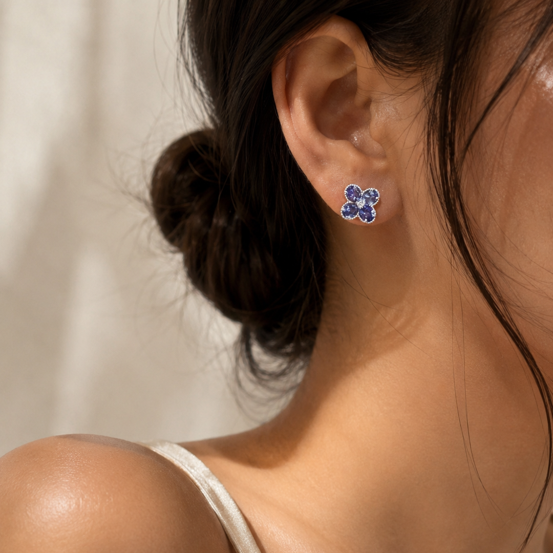 Tanzanite & Diamond Floral Stud Earrings