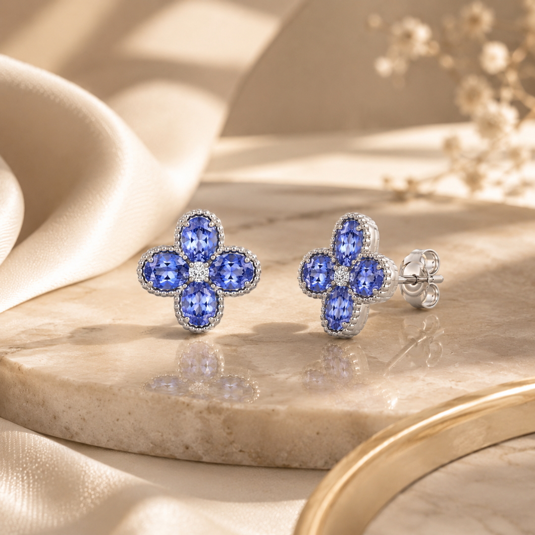 Tanzanite & Diamond Floral Stud Earrings