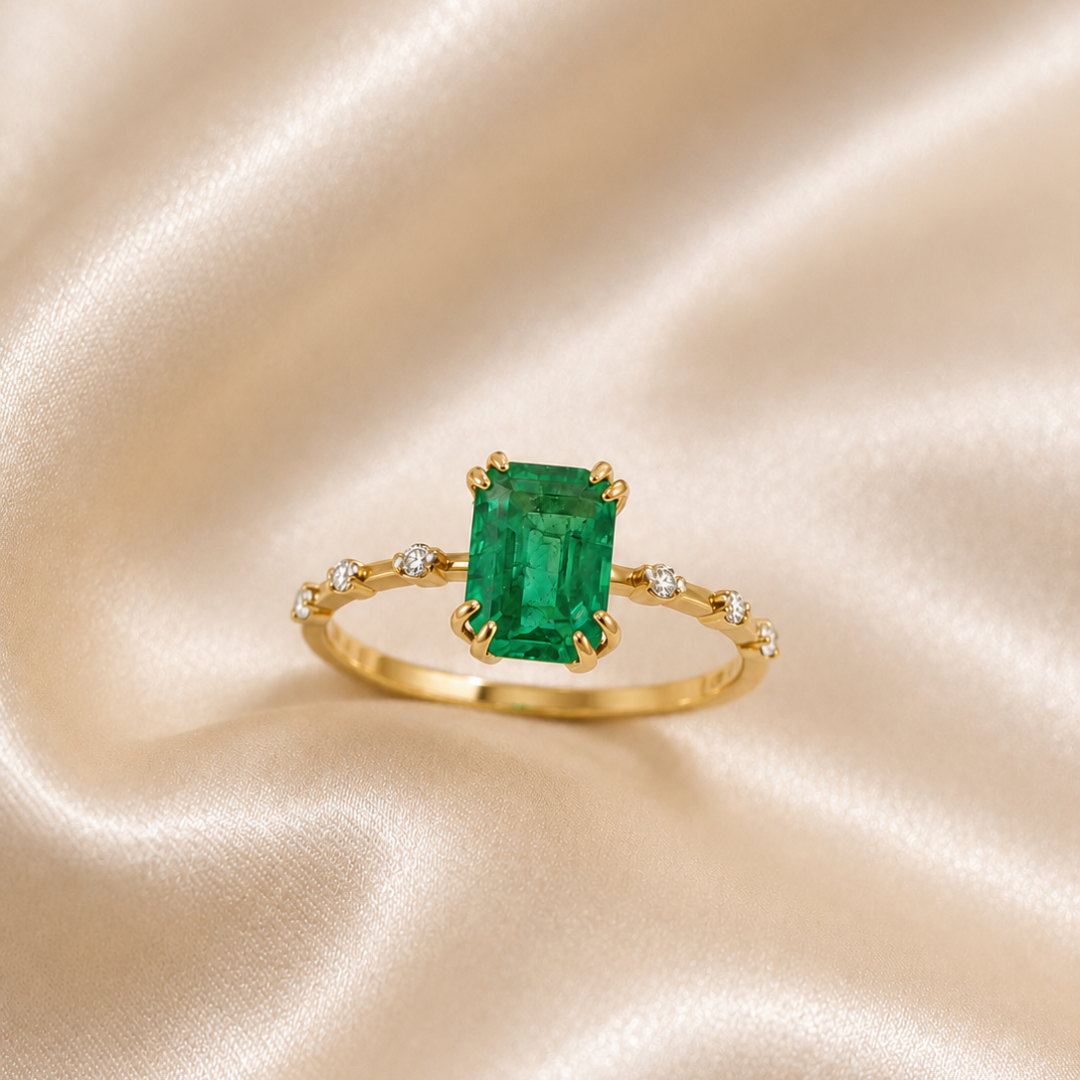 Zambian Emerald Claw Set Diamond Ring