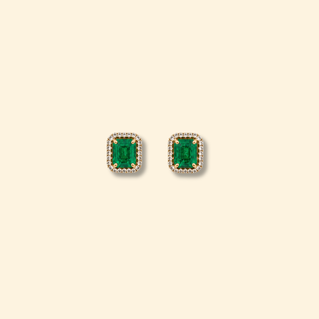 Octagon Zambian Emerald & Diamond Halo Stud