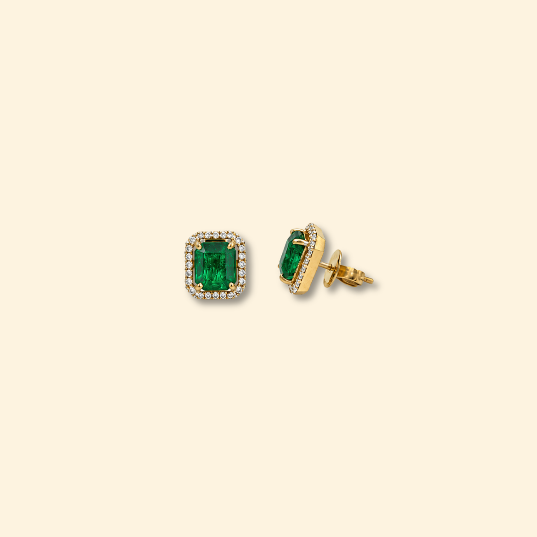 Octagon Zambian Emerald & Diamond Halo Stud