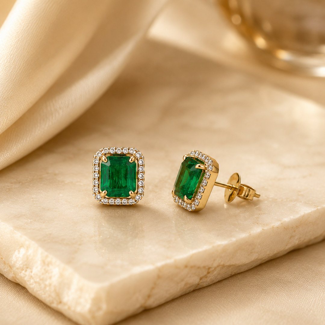 Octagon Zambian Emerald & Diamond Halo Stud