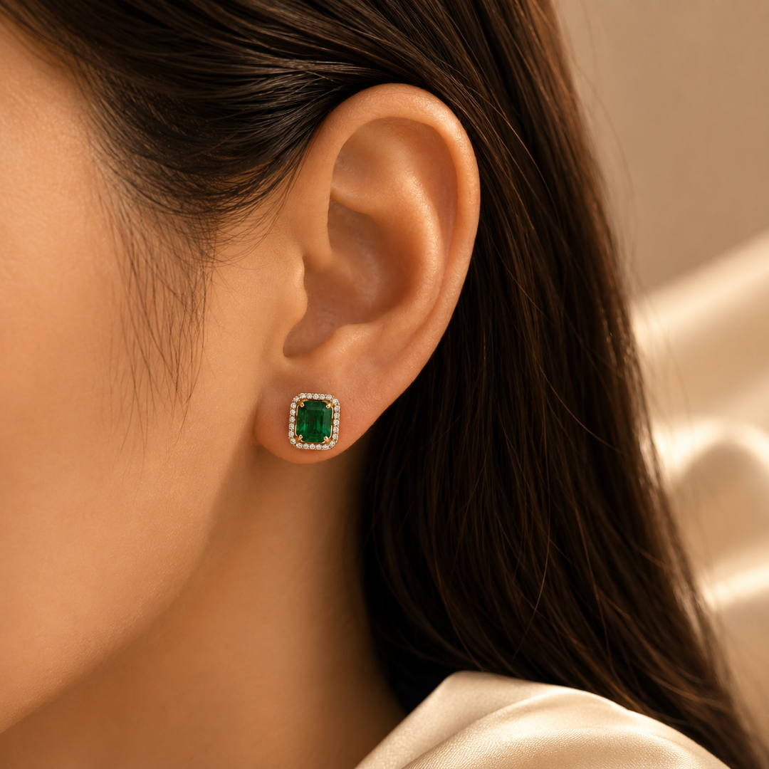 Octagon Zambian Emerald & Diamond Halo Stud