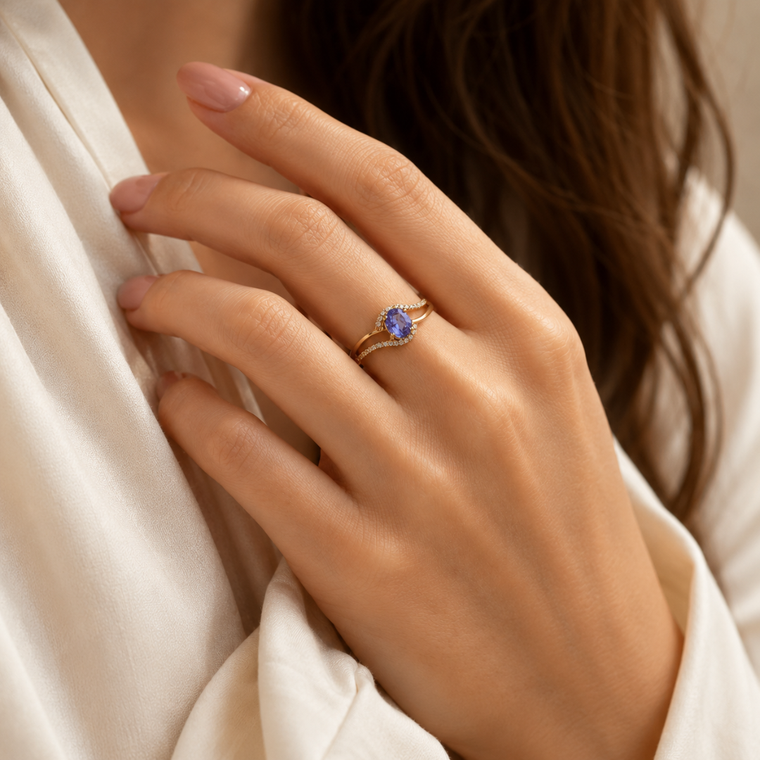 Oval Tanzanite & Diamond Crossover Ring
