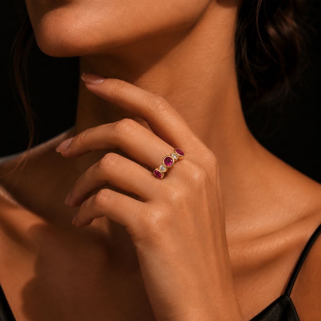 Ruby & Diamond Five Stone Bezel Ring