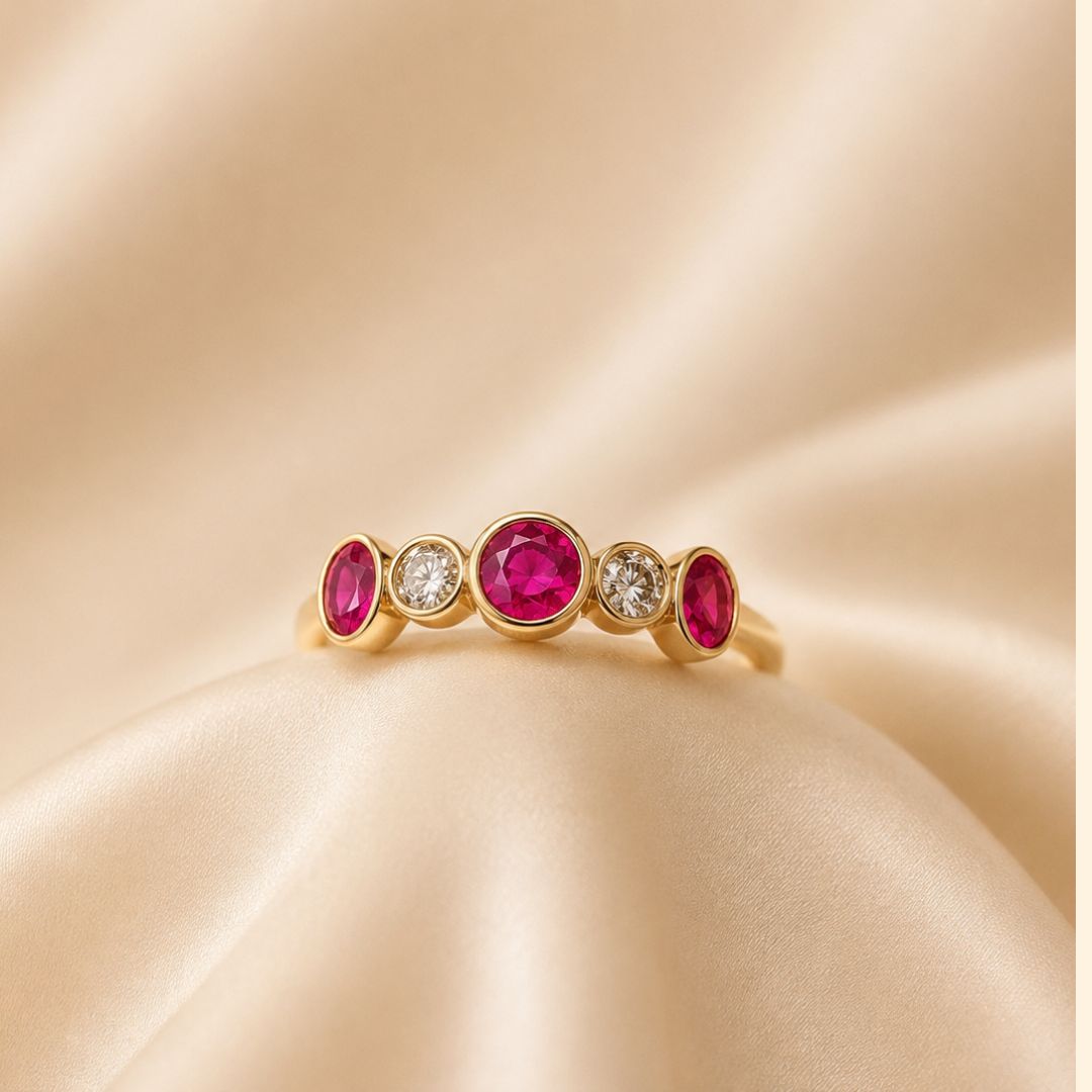 Ruby & Diamond Five Stone Bezel Ring