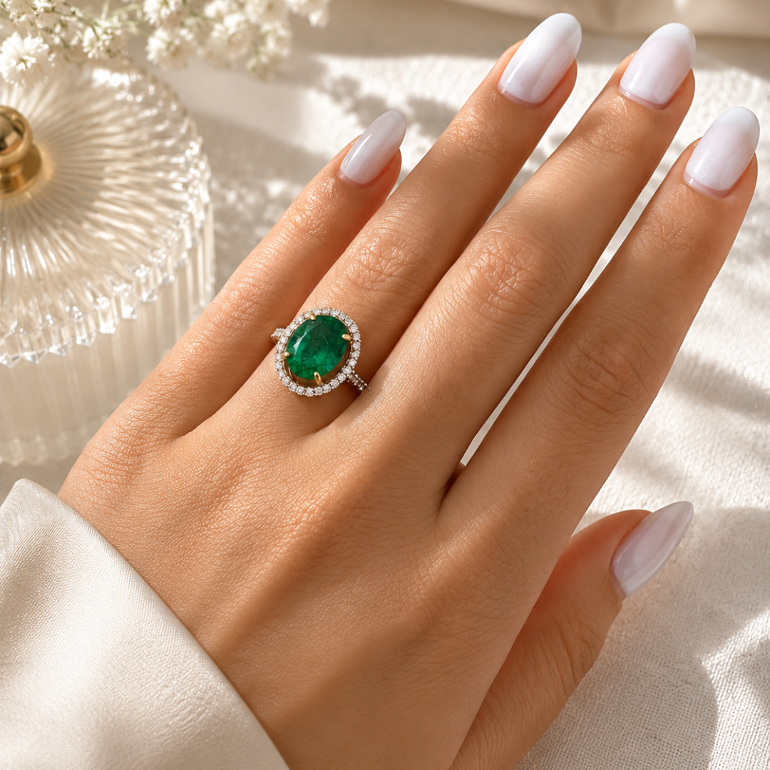 Oval Zambian Emerald Diamond Halo Ring