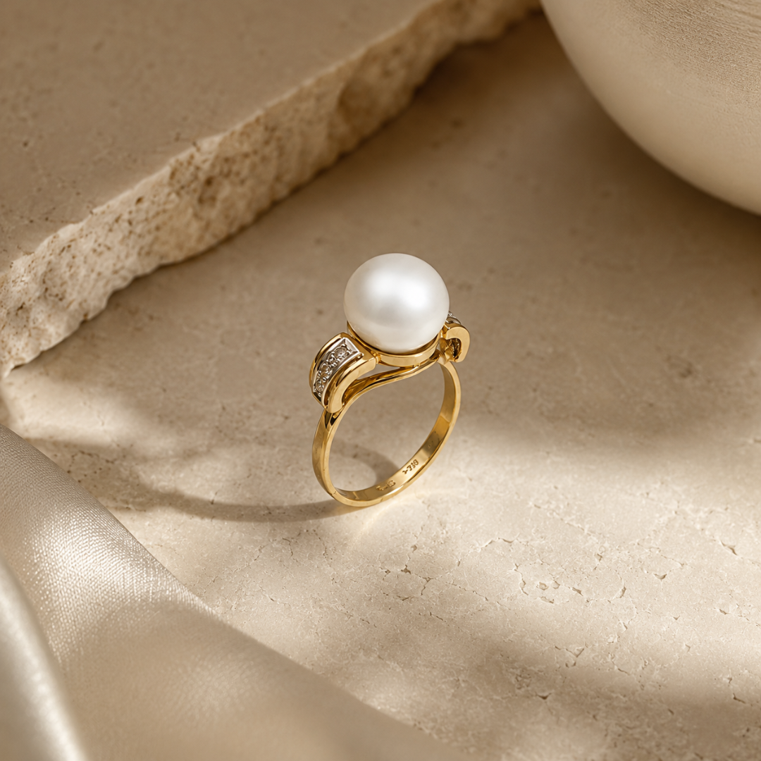 Freshwater White Pearl & Diamond Bow Ring