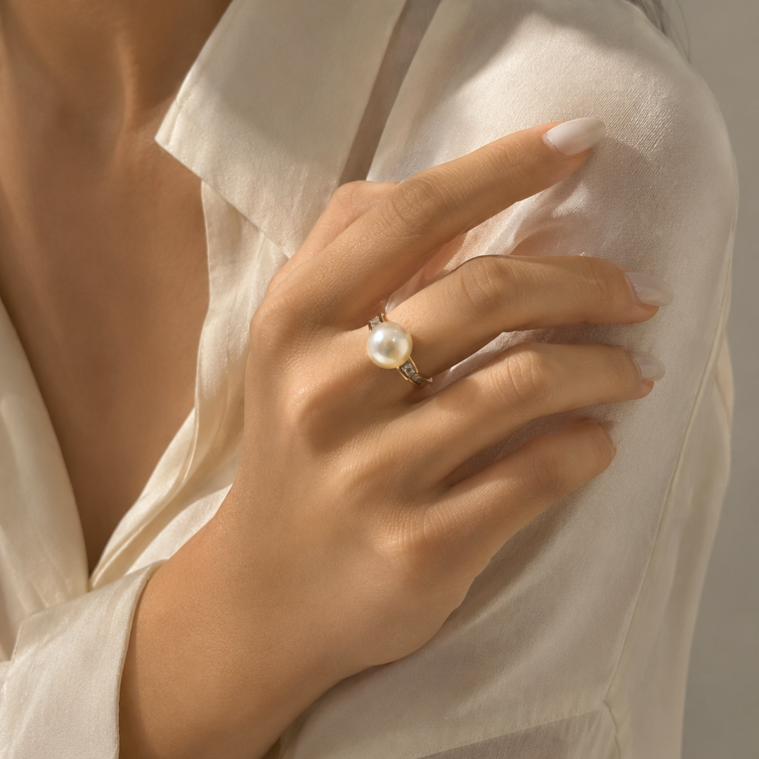 Freshwater White Pearl & Diamond Bow Ring