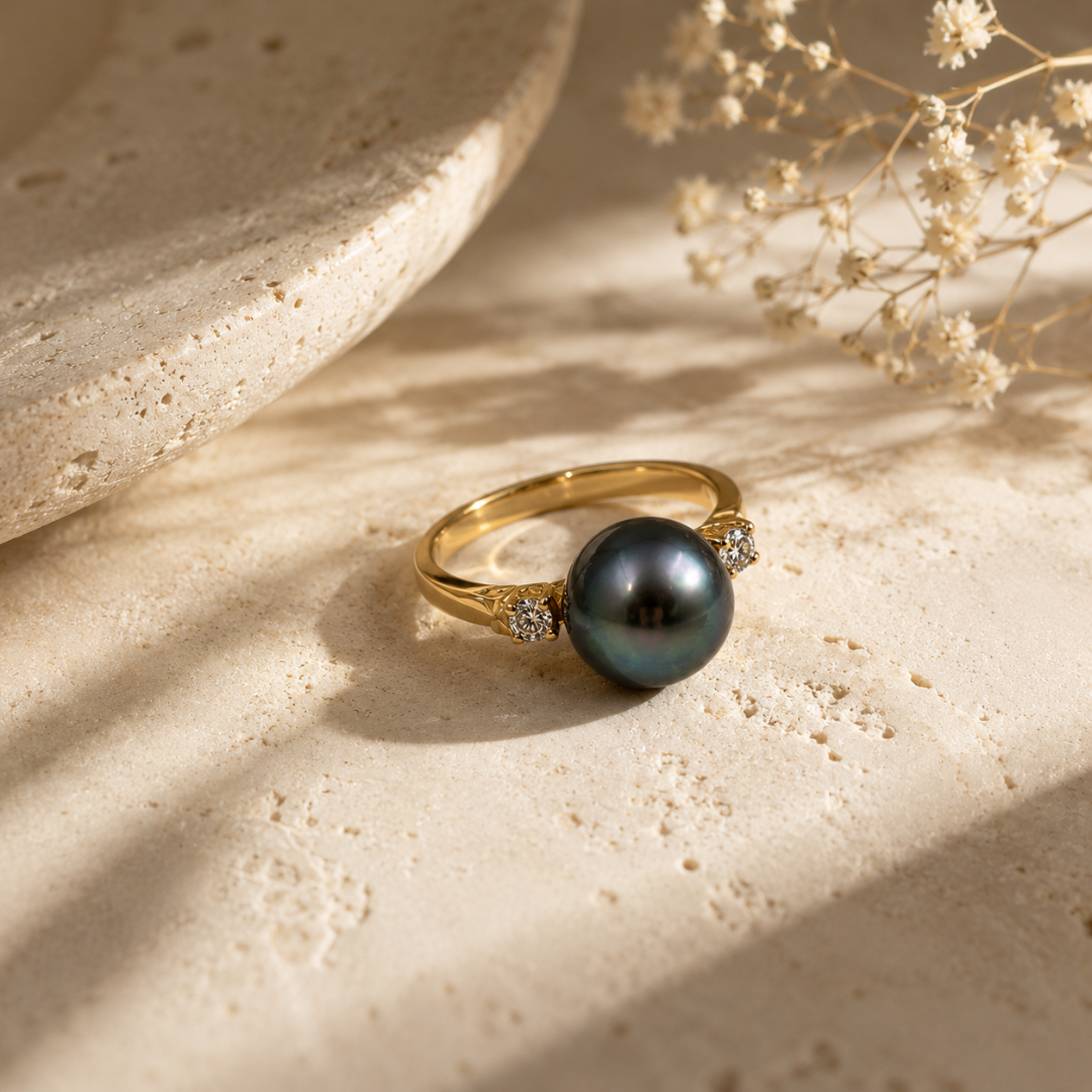 Freshwater Black Pearl & Diamond Ring