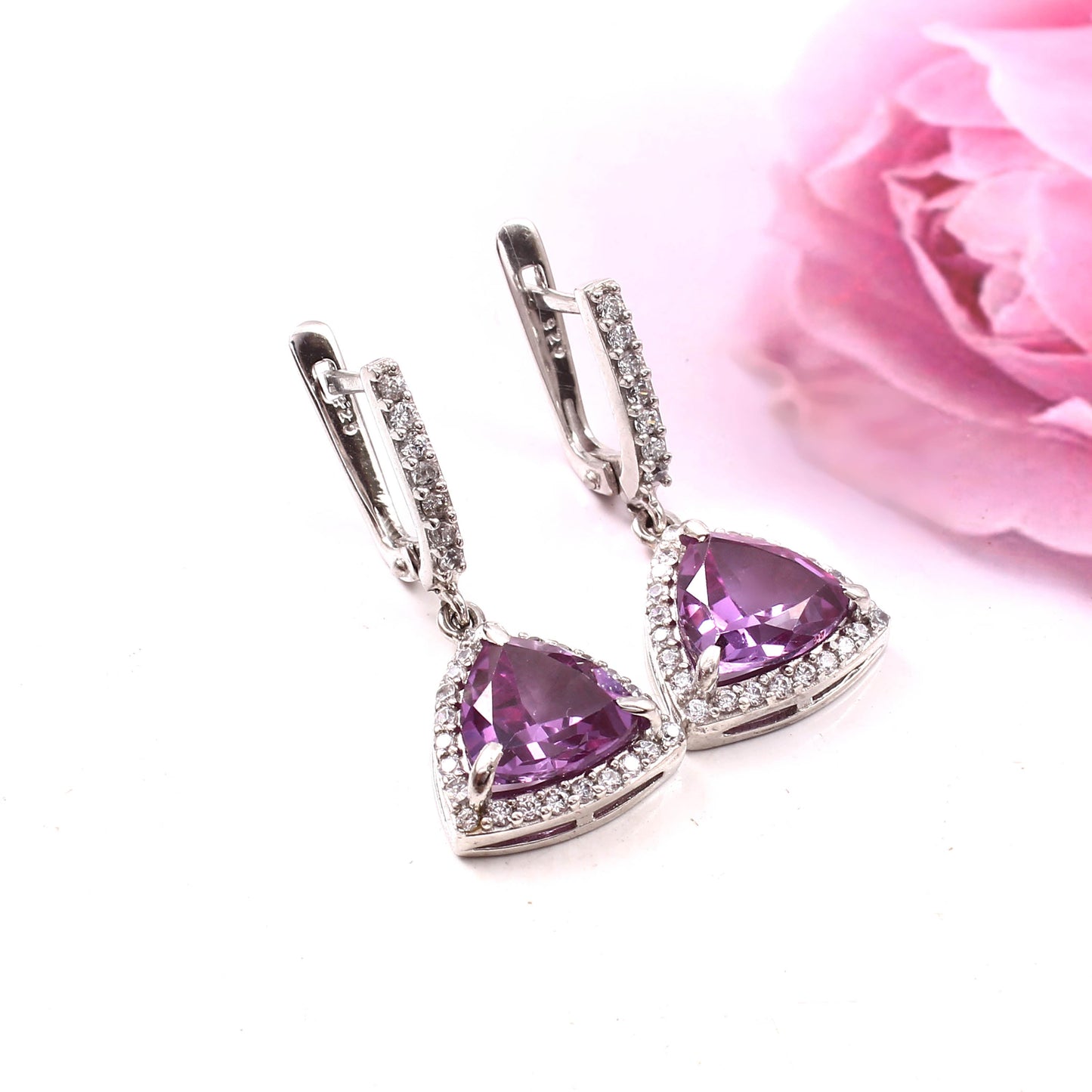 Trillion Halo Alexandrite Dangle Earrings